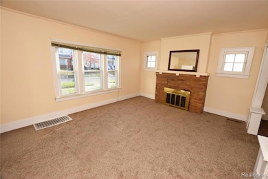 Living Room with Brick Fireplace