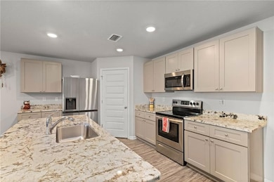 Kitchen with stainless steel appliances, a sink, light wood-style floors, light stone counters, and recessed lighting