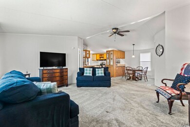 Carpeted living room with vaulted ceiling and ceil