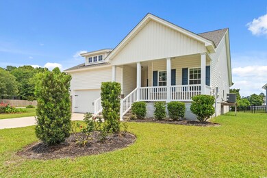 View of front of home with covered porch, a shingled roof, concrete driveway, a garage, and cooling unit