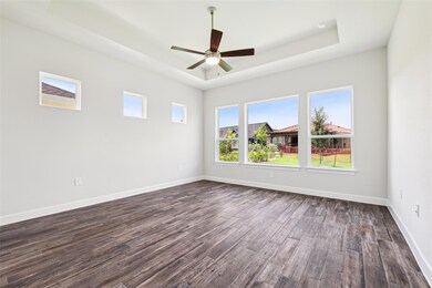 Spare room featuring dark wood-style floors, a ra