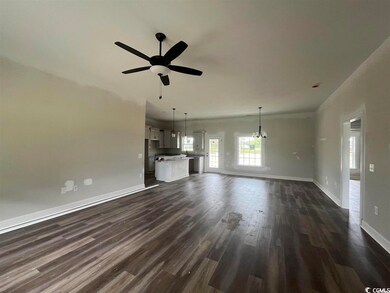 Unfurnished living room with ceiling fan and dark 