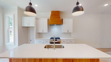 Kitchen with custom exhaust hood, gas range, white cabinetry, tasteful backsplash, and an island with sink