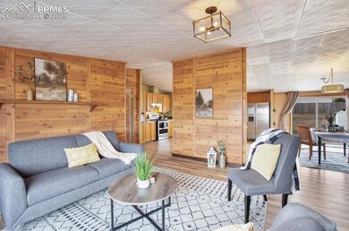 Living room with wooden walls, an ornate ceiling, 