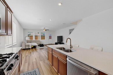 Kitchen featuring light wood-type flooring, stainless steel dishwasher, light stone countertops, open floor plan, and a ceiling fan