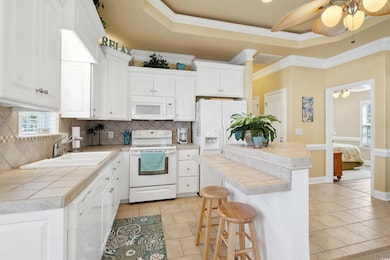 Kitchen featuring a raised ceiling, tasteful backs
