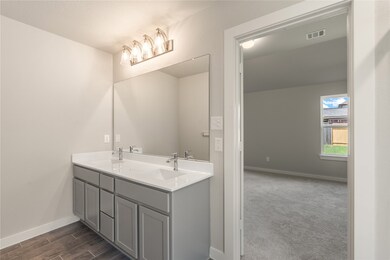 This primary bathroom is definitely move-in ready! Featuring dark stained cabinets with light countertops, spacious walk-in closet with shelving, high ceilings, custom paint, sleek and dark modern finishes.
