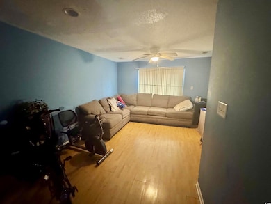 Living area with a ceiling fan, a textured ceiling, and wood finished floors