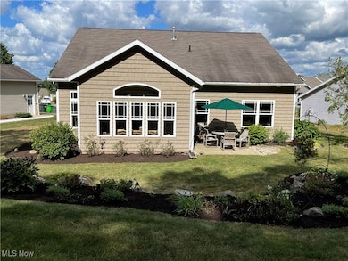 Back of property with a patio and a lawn