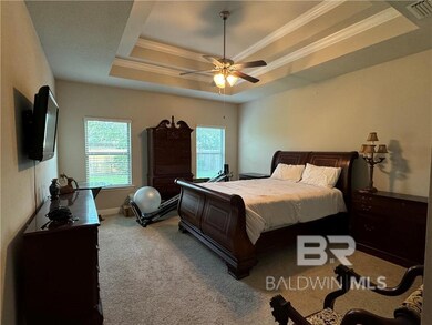 Carpeted bedroom with ceiling fan and a raised ceiling