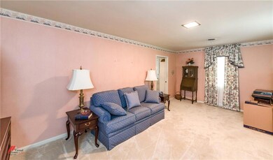 Spacious living room with carpet.