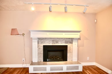 Detailed view of track lighting, wood finished floors, and a stone fireplace