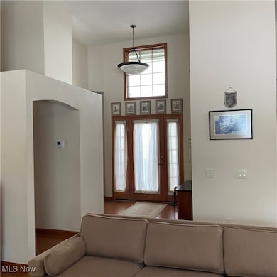 Foyer entrance featuring wood finished floors and a towering ceiling