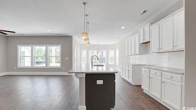 Kitchen with healthy amount of natural light, dark wood-type flooring, a center island with sink, decorative backsplash, and recessed lighting