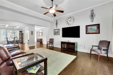 Large Living room with ceiling fan, dark wood-type flooring, and ornamental molding