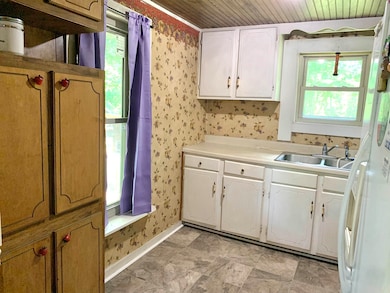 Kitchen featuring wallpapered walls, wood ceiling, a sink, baseboards, and white cabinetry