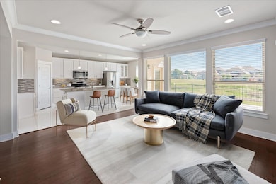 Living room with a ceiling fan, plenty of natural