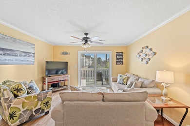 Living room with crown molding, ceiling fan, and l
