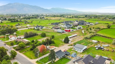 Aerial perspective of suburban area with a mountain backdrop