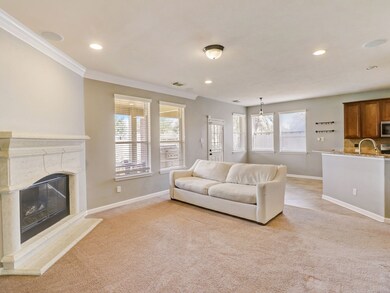 The Family Room has a corner, cast stone fireplace