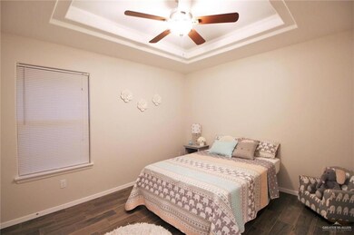 Bedroom with a tray ceiling, wood finished floors, baseboards, and ceiling fan