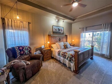 Carpeted bedroom with a tray ceiling, crown moldin