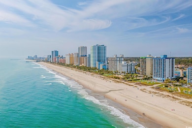 Aerial view of city skyline and expansive beach