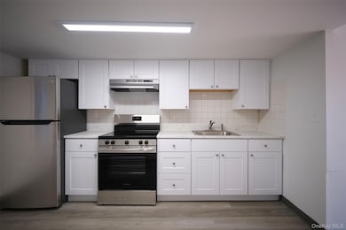 Kitchen with appliances with stainless steel finishes, white cabinets, light countertops, decorative backsplash, and under cabinet range hood
