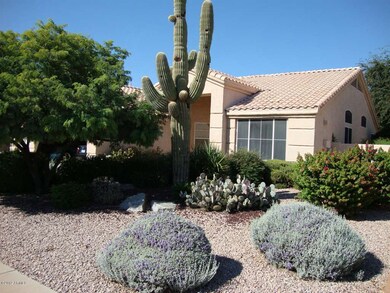 Front of house has nice desert landscape