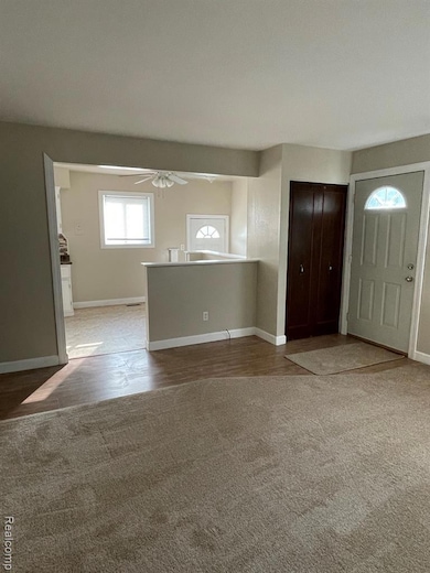 Carpeted entrance foyer featuring a ceiling fan and wood finished floors