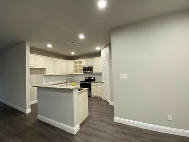 Kitchen featuring dark wood finished floors, stain