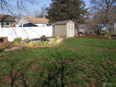 back yard with shed and Koi pond with fish