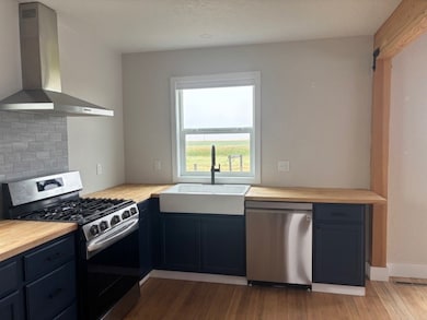 Kitchen with stainless steel appliances, wall chimney range hood, light wood-style flooring, and blue cabinets