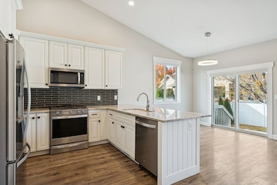 Kitchen featuring stainless steel appliances, lofted ceiling, light stone counters, a peninsula, and backsplash