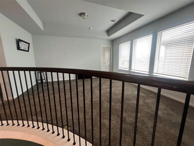 Stairs with a tray ceiling and carpet