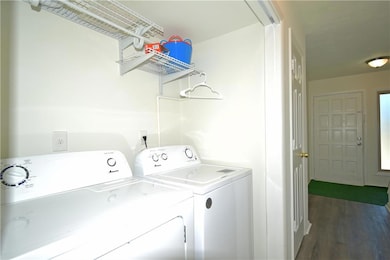 Washroom with dark wood-type flooring and washing 