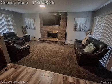 Living room featuring a fireplace, wood finished floors, and carpet flooring