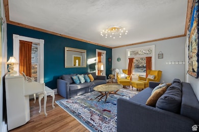 Living room featuring wood finished floors, ornamental molding, and a chandelier