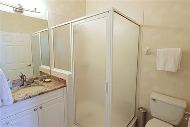 Bathroom with vanity, toilet, and a stall shower