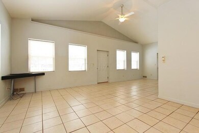 A view of the vaulted living room