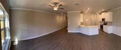 Kitchen with stainless steel appliances, sink, dark wood-style flooring, ornamental molding, and a ceiling fan.
