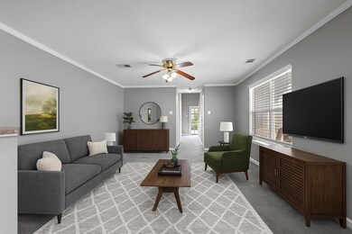 The great room offers ample space for gatherings and everyday living, blending comfort with a warm, welcoming atmosphere. This room has been virtually staged.