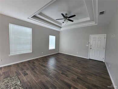 Unfurnished room featuring a raised ceiling, a ceiling fan, and dark wood-style floors