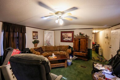 Carpeted living room featuring ceiling fan, lofted ceiling, and a textured ceiling