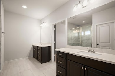 Bathroom with two vanities, a sink, a stall showe
