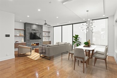 The second floor features a dining area with chand