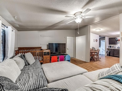 Living area featuring light wood-style flooring, a ceiling fan, a textured ceiling, and lofted ceiling