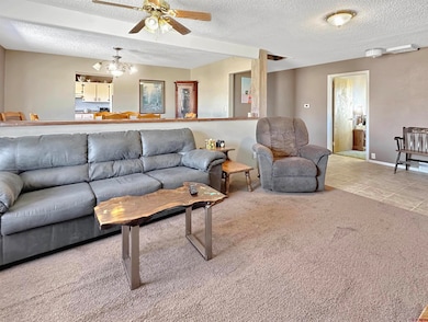 Living room with light tile patterned flooring, a ceiling fan, light colored carpet, and a textured ceiling