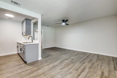 Kitchen featuring gray cabinets, ceiling fan, sink