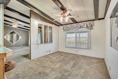 Carpeted spare room with a ceiling fan